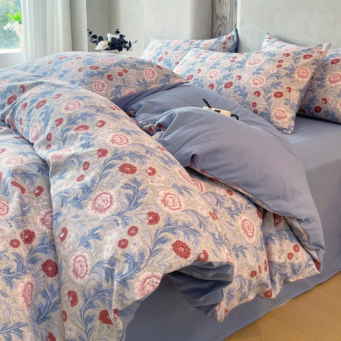 91家纺网 家纺一手货源 找家纺 宝士康家纺 2025秋冬新品高克重A类原麻暗合四件套复古加厚双层纱仿亚麻套件 花汀