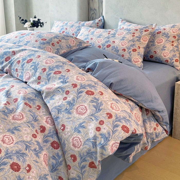 91家纺网 家纺一手货源 找家纺 宝士康家纺 2025秋冬新品高克重A类原麻暗合四件套复古加厚双层纱仿亚麻套件 花汀