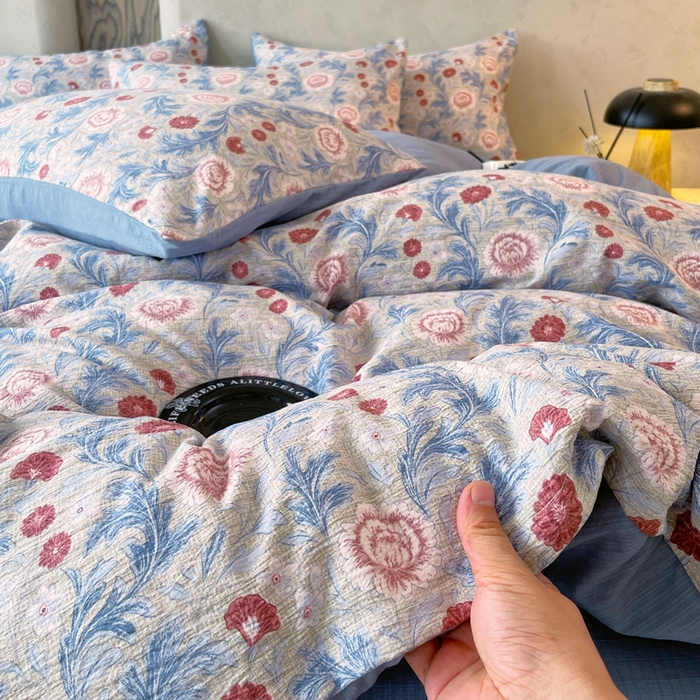 91家纺网 家纺一手货源 找家纺 宝士康家纺 2025秋冬新品高克重A类原麻暗合四件套复古加厚双层纱仿亚麻套件 花汀