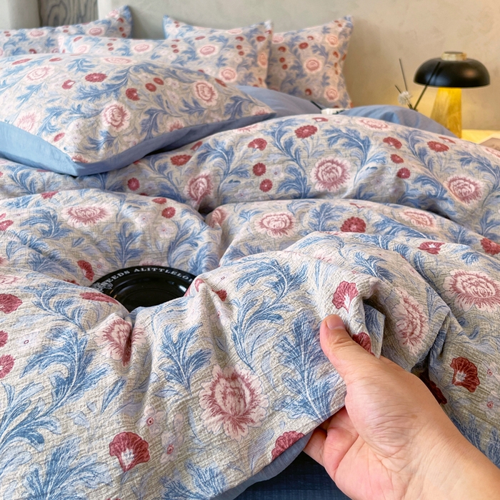 91家纺网 家纺一手货源 找家纺 宝士康家纺 2025秋冬新品高克重A类原麻暗合四件套复古加厚双层纱仿亚麻套件 花汀