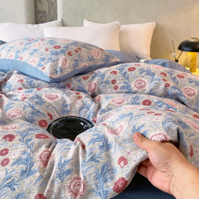 91家纺网 家纺一手货源 找家纺 宝士康家纺 2025秋冬新品高克重A类原麻暗合四件套复古加厚双层纱仿亚麻套件 花汀