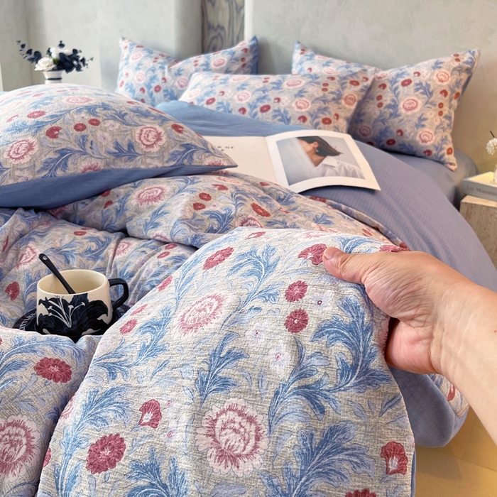 91家纺网 家纺一手货源 找家纺 宝士康家纺 2025秋冬新品高克重A类原麻暗合四件套复古加厚双层纱仿亚麻套件 花汀