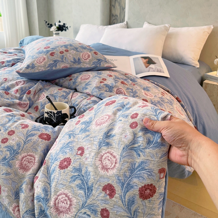 91家纺网 家纺一手货源 找家纺 宝士康家纺 2025秋冬新品高克重A类原麻暗合四件套复古加厚双层纱仿亚麻套件 花汀