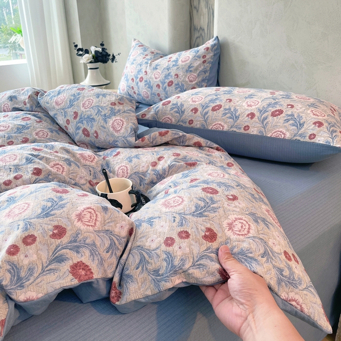 91家纺网 家纺一手货源 找家纺 宝士康家纺 2025秋冬新品高克重A类原麻暗合四件套复古加厚双层纱仿亚麻套件 花汀