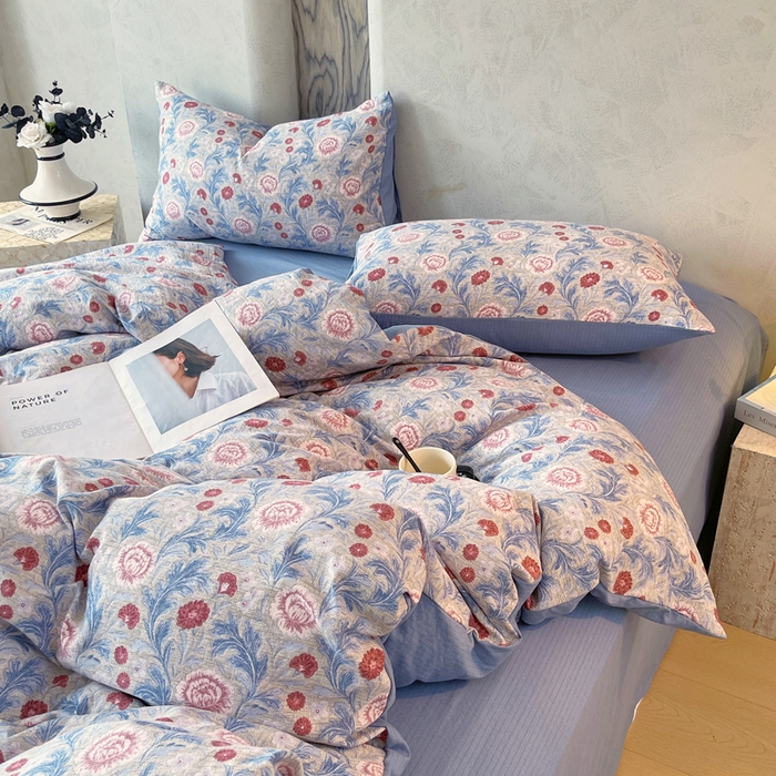 91家纺网 家纺一手货源 找家纺 宝士康家纺 2025秋冬新品高克重A类原麻暗合四件套复古加厚双层纱仿亚麻套件 花汀