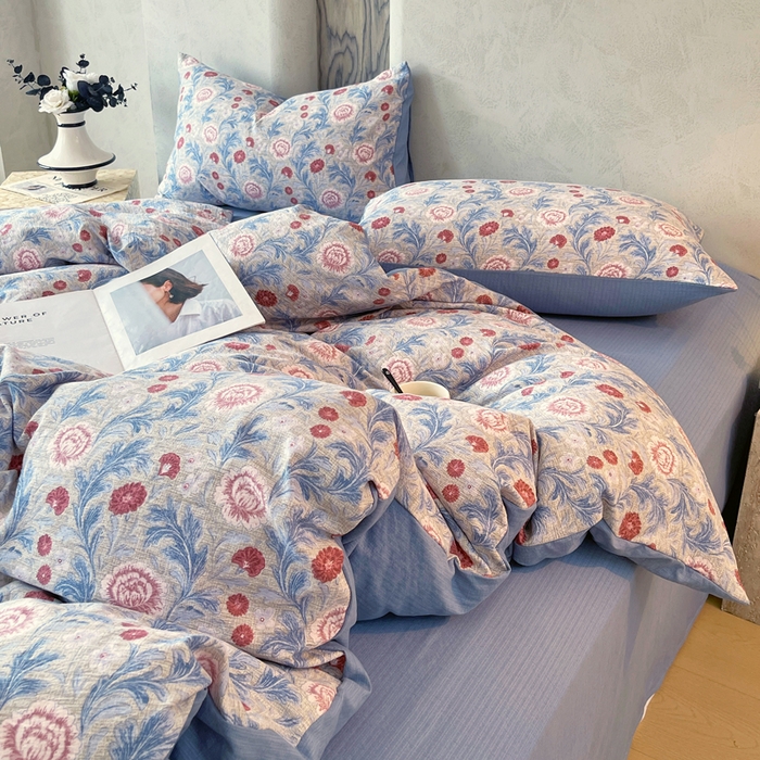 91家纺网 家纺一手货源 找家纺 宝士康家纺 2025秋冬新品高克重A类原麻暗合四件套复古加厚双层纱仿亚麻套件 花汀