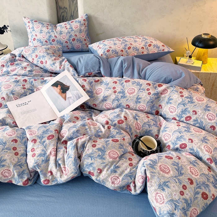 91家纺网 家纺一手货源 找家纺 宝士康家纺 2025秋冬新品高克重A类原麻暗合四件套复古加厚双层纱仿亚麻套件 花汀