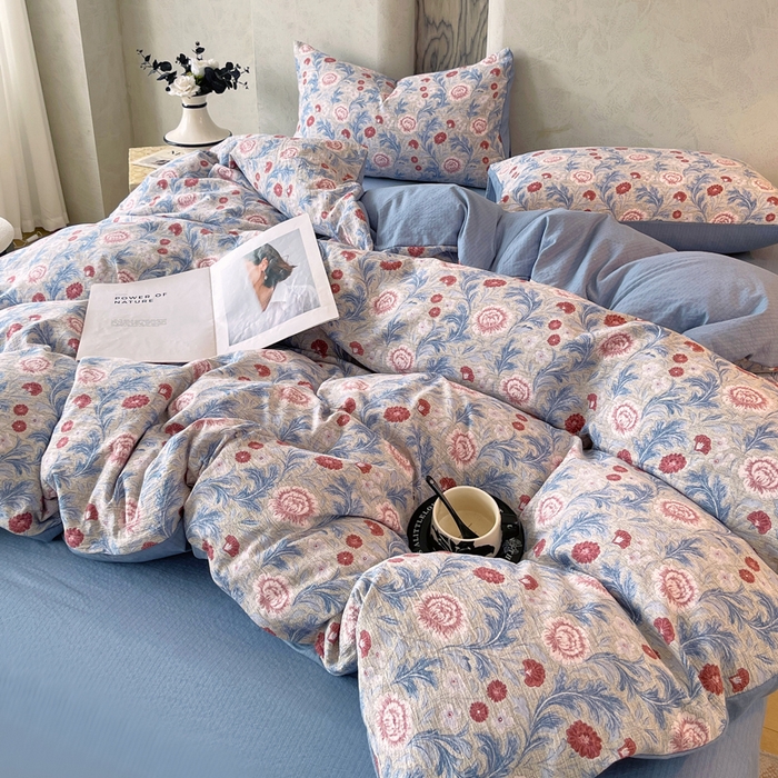 91家纺网 家纺一手货源 找家纺 宝士康家纺 2025秋冬新品高克重A类原麻暗合四件套复古加厚双层纱仿亚麻套件 花汀