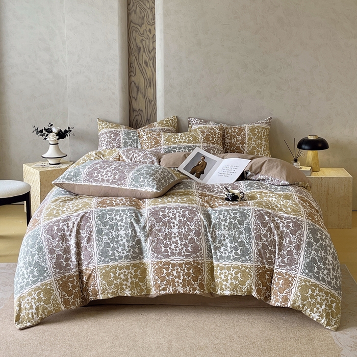 宝士康家纺 2025秋冬新品高克重A类原麻暗合四件套复古加厚双层纱仿亚麻套件 锦纹