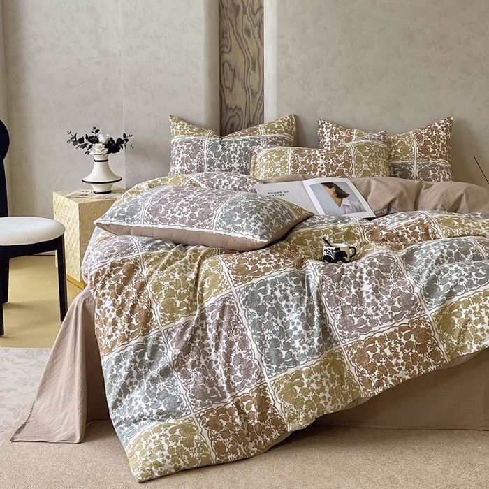 91家纺网 家纺一手货源 找家纺 宝士康家纺 2025秋冬新品高克重A类原麻暗合四件套复古加厚双层纱仿亚麻套件 锦纹