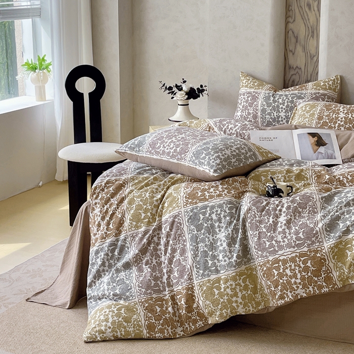 91家纺网 家纺一手货源 找家纺 宝士康家纺 2025秋冬新品高克重A类原麻暗合四件套复古加厚双层纱仿亚麻套件 锦纹