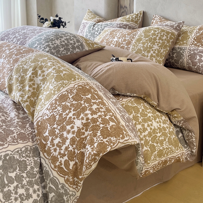 91家纺网 家纺一手货源 找家纺 宝士康家纺 2025秋冬新品高克重A类原麻暗合四件套复古加厚双层纱仿亚麻套件 锦纹