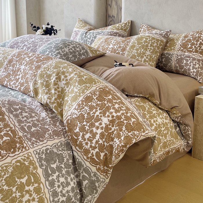 91家纺网 家纺一手货源 找家纺 宝士康家纺 2025秋冬新品高克重A类原麻暗合四件套复古加厚双层纱仿亚麻套件 锦纹