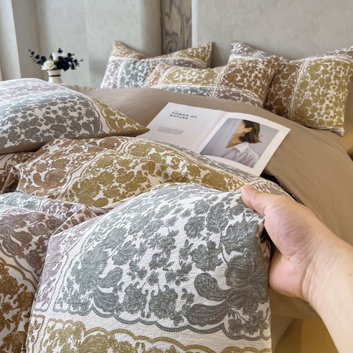 91家纺网 家纺一手货源 找家纺 宝士康家纺 2025秋冬新品高克重A类原麻暗合四件套复古加厚双层纱仿亚麻套件 锦纹