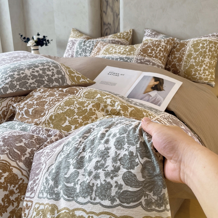 91家纺网 家纺一手货源 找家纺 宝士康家纺 2025秋冬新品高克重A类原麻暗合四件套复古加厚双层纱仿亚麻套件 锦纹