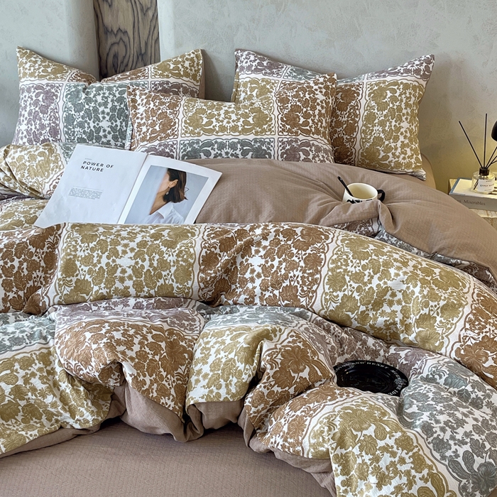 91家纺网 家纺一手货源 找家纺 宝士康家纺 2025秋冬新品高克重A类原麻暗合四件套复古加厚双层纱仿亚麻套件 锦纹