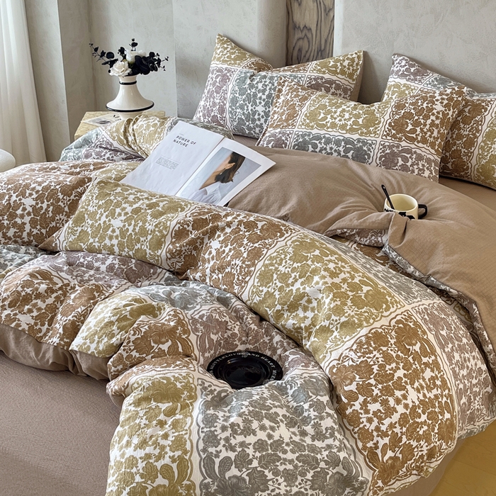 91家纺网 家纺一手货源 找家纺 宝士康家纺 2025秋冬新品高克重A类原麻暗合四件套复古加厚双层纱仿亚麻套件 锦纹