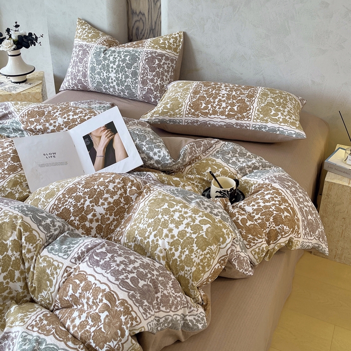 91家纺网 家纺一手货源 找家纺 宝士康家纺 2025秋冬新品高克重A类原麻暗合四件套复古加厚双层纱仿亚麻套件 锦纹