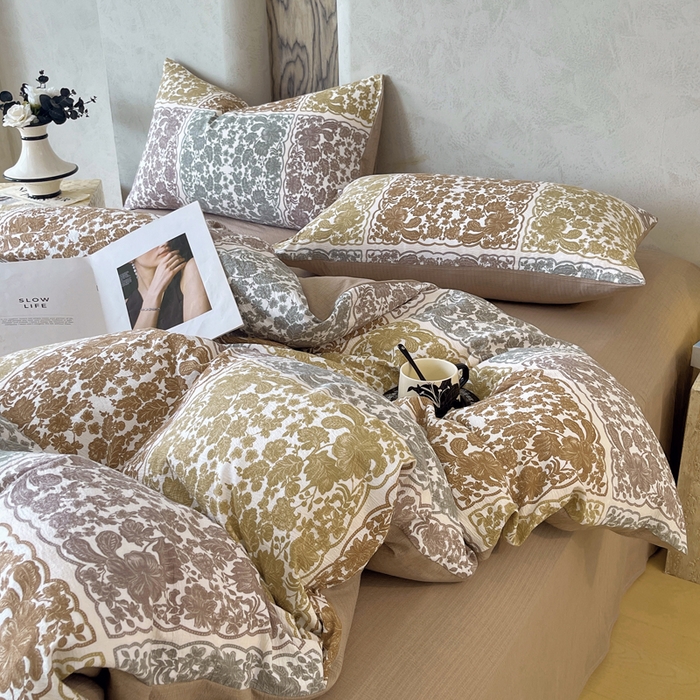 91家纺网 家纺一手货源 找家纺 宝士康家纺 2025秋冬新品高克重A类原麻暗合四件套复古加厚双层纱仿亚麻套件 锦纹