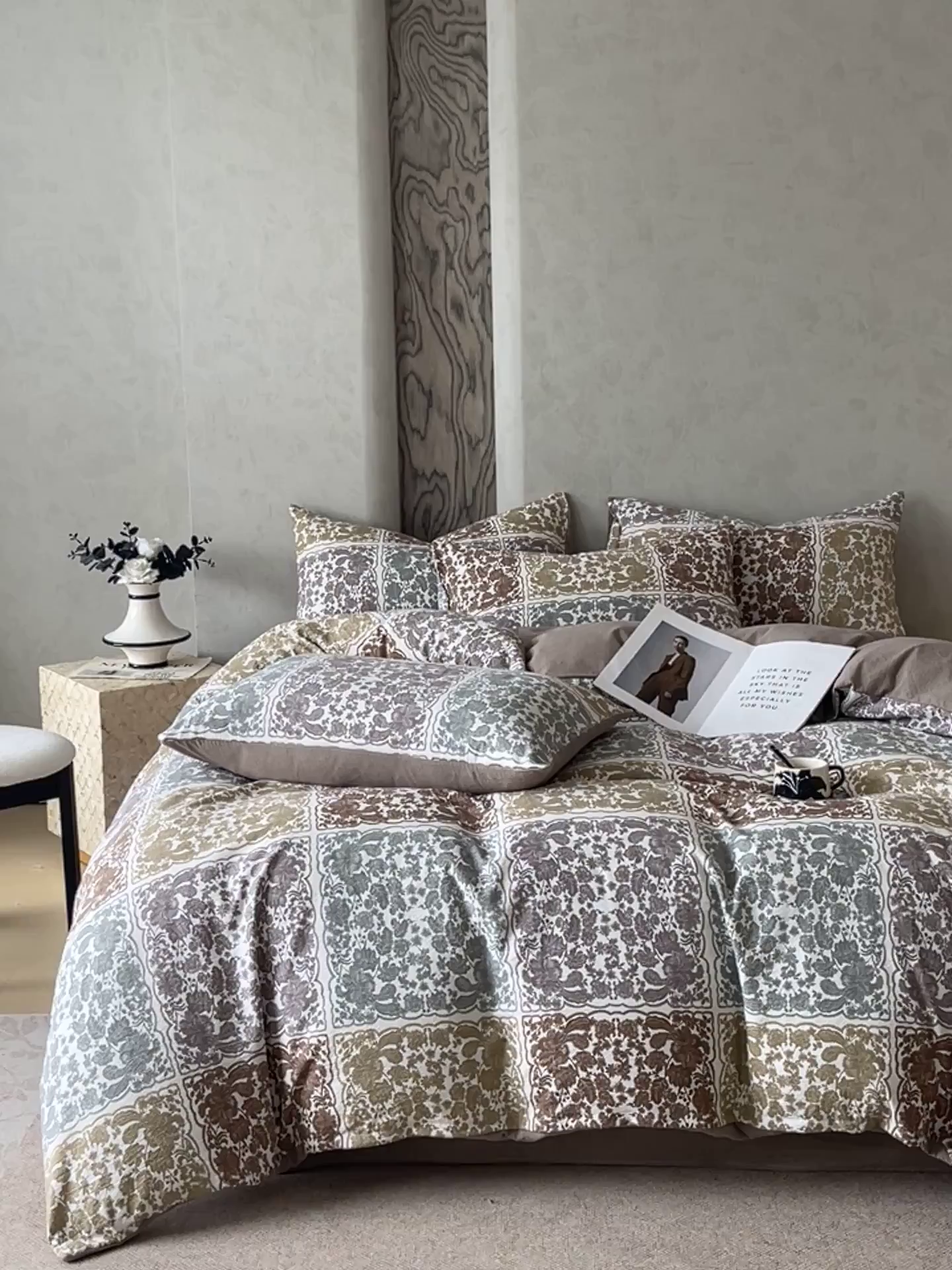 91家纺网 家纺一手货源 找家纺 宝士康家纺 2025秋冬新品高克重A类原麻暗合四件套复古加厚双层纱仿亚麻套件 锦纹