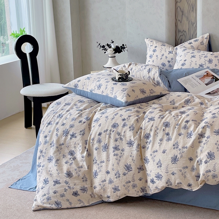 91家纺网 家纺一手货源 找家纺 宝士康家纺 2025秋冬新品高克重A类原麻暗合四件套复古加厚双层纱仿亚麻套件 蓝絮