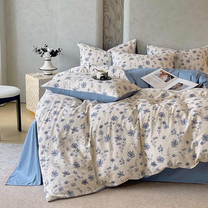 91家纺网 家纺一手货源 找家纺 宝士康家纺 2025秋冬新品高克重A类原麻暗合四件套复古加厚双层纱仿亚麻套件 蓝絮