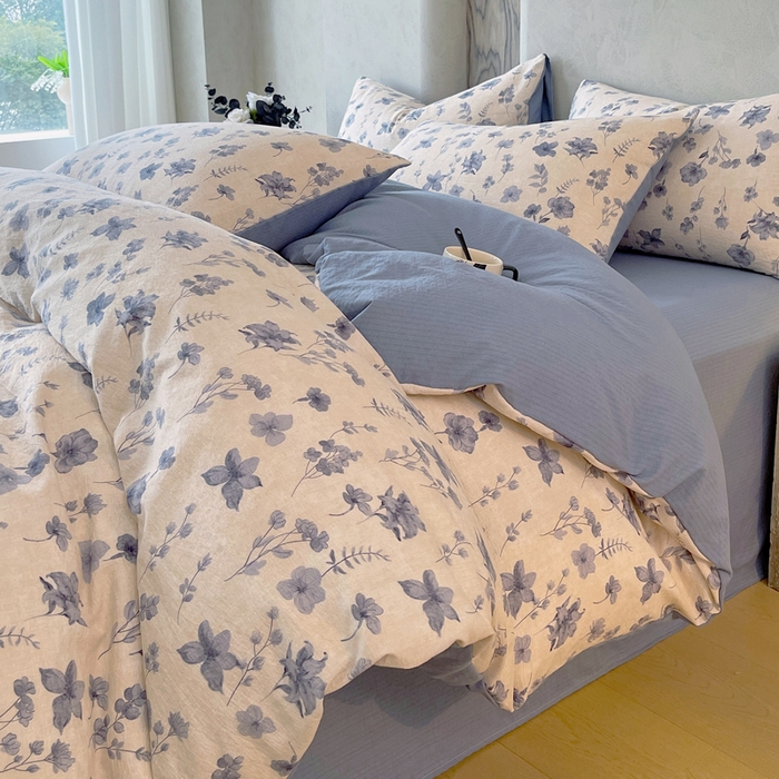 91家纺网 家纺一手货源 找家纺 宝士康家纺 2025秋冬新品高克重A类原麻暗合四件套复古加厚双层纱仿亚麻套件 蓝絮