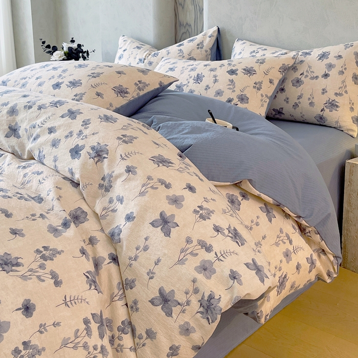 91家纺网 家纺一手货源 找家纺 宝士康家纺 2025秋冬新品高克重A类原麻暗合四件套复古加厚双层纱仿亚麻套件 蓝絮