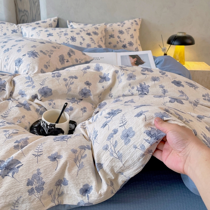 91家纺网 家纺一手货源 找家纺 宝士康家纺 2025秋冬新品高克重A类原麻暗合四件套复古加厚双层纱仿亚麻套件 蓝絮