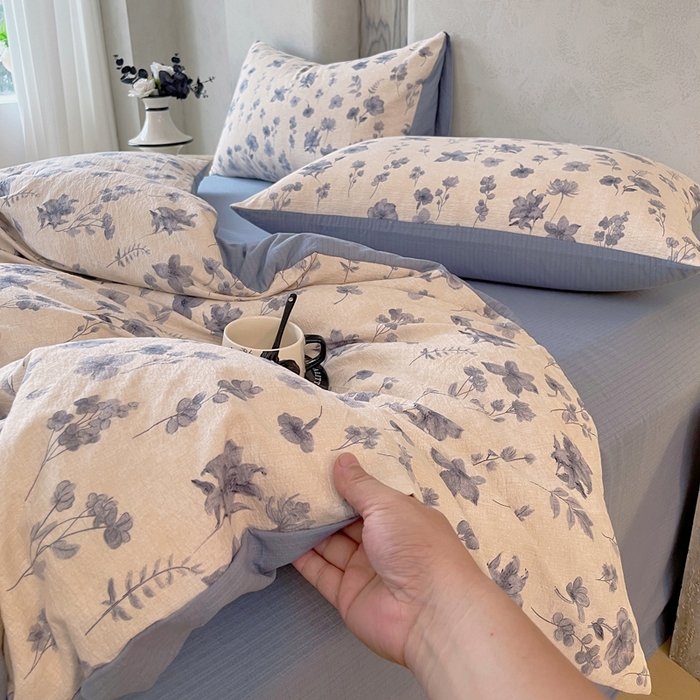 91家纺网 家纺一手货源 找家纺 宝士康家纺 2025秋冬新品高克重A类原麻暗合四件套复古加厚双层纱仿亚麻套件 蓝絮