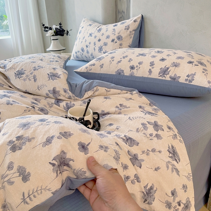 91家纺网 家纺一手货源 找家纺 宝士康家纺 2025秋冬新品高克重A类原麻暗合四件套复古加厚双层纱仿亚麻套件 蓝絮