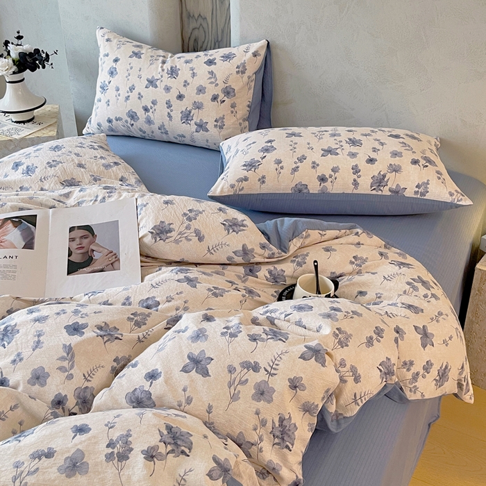 91家纺网 家纺一手货源 找家纺 宝士康家纺 2025秋冬新品高克重A类原麻暗合四件套复古加厚双层纱仿亚麻套件 蓝絮