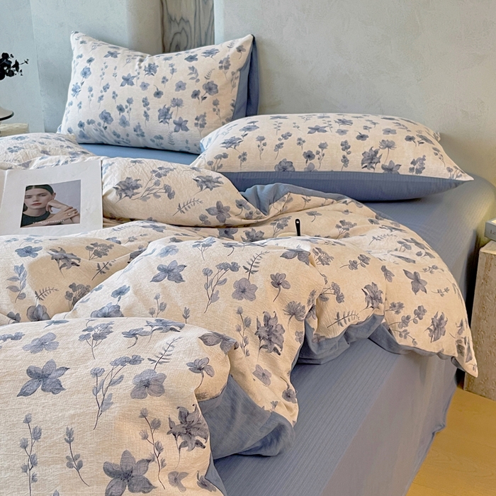 91家纺网 家纺一手货源 找家纺 宝士康家纺 2025秋冬新品高克重A类原麻暗合四件套复古加厚双层纱仿亚麻套件 蓝絮