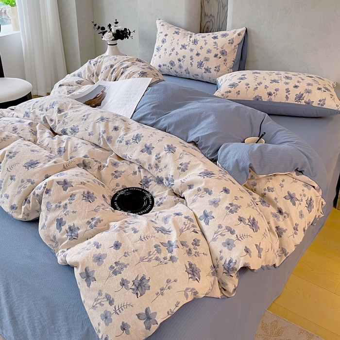 91家纺网 家纺一手货源 找家纺 宝士康家纺 2025秋冬新品高克重A类原麻暗合四件套复古加厚双层纱仿亚麻套件 蓝絮