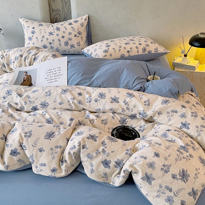 91家纺网 家纺一手货源 找家纺 宝士康家纺 2025秋冬新品高克重A类原麻暗合四件套复古加厚双层纱仿亚麻套件 蓝絮