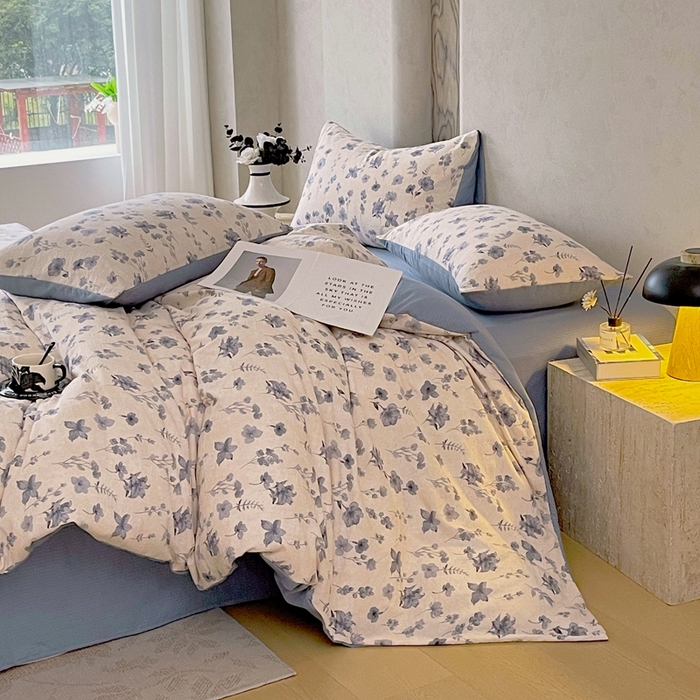 91家纺网 家纺一手货源 找家纺 宝士康家纺 2025秋冬新品高克重A类原麻暗合四件套复古加厚双层纱仿亚麻套件 蓝絮