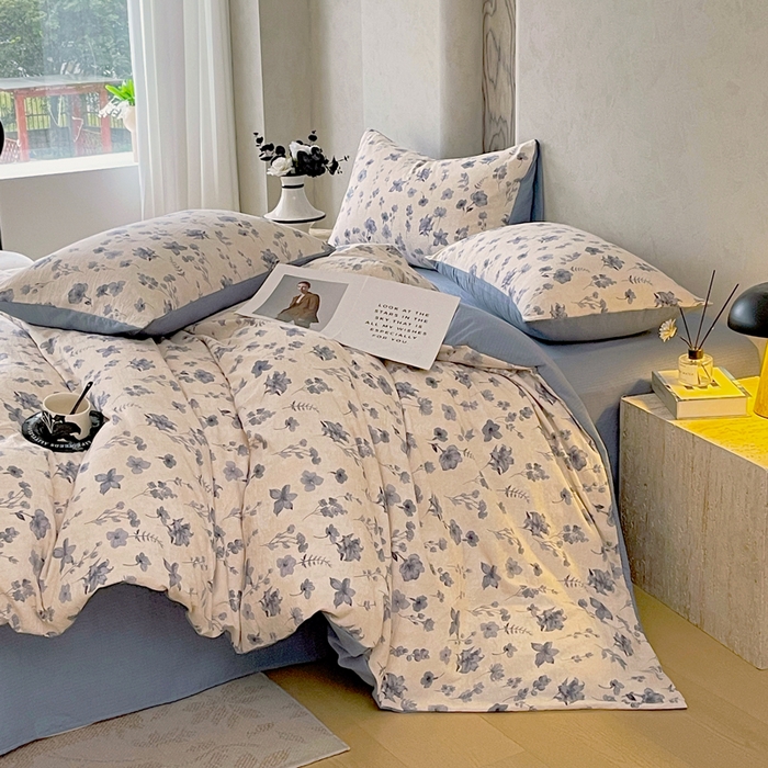 91家纺网 家纺一手货源 找家纺 宝士康家纺 2025秋冬新品高克重A类原麻暗合四件套复古加厚双层纱仿亚麻套件 蓝絮