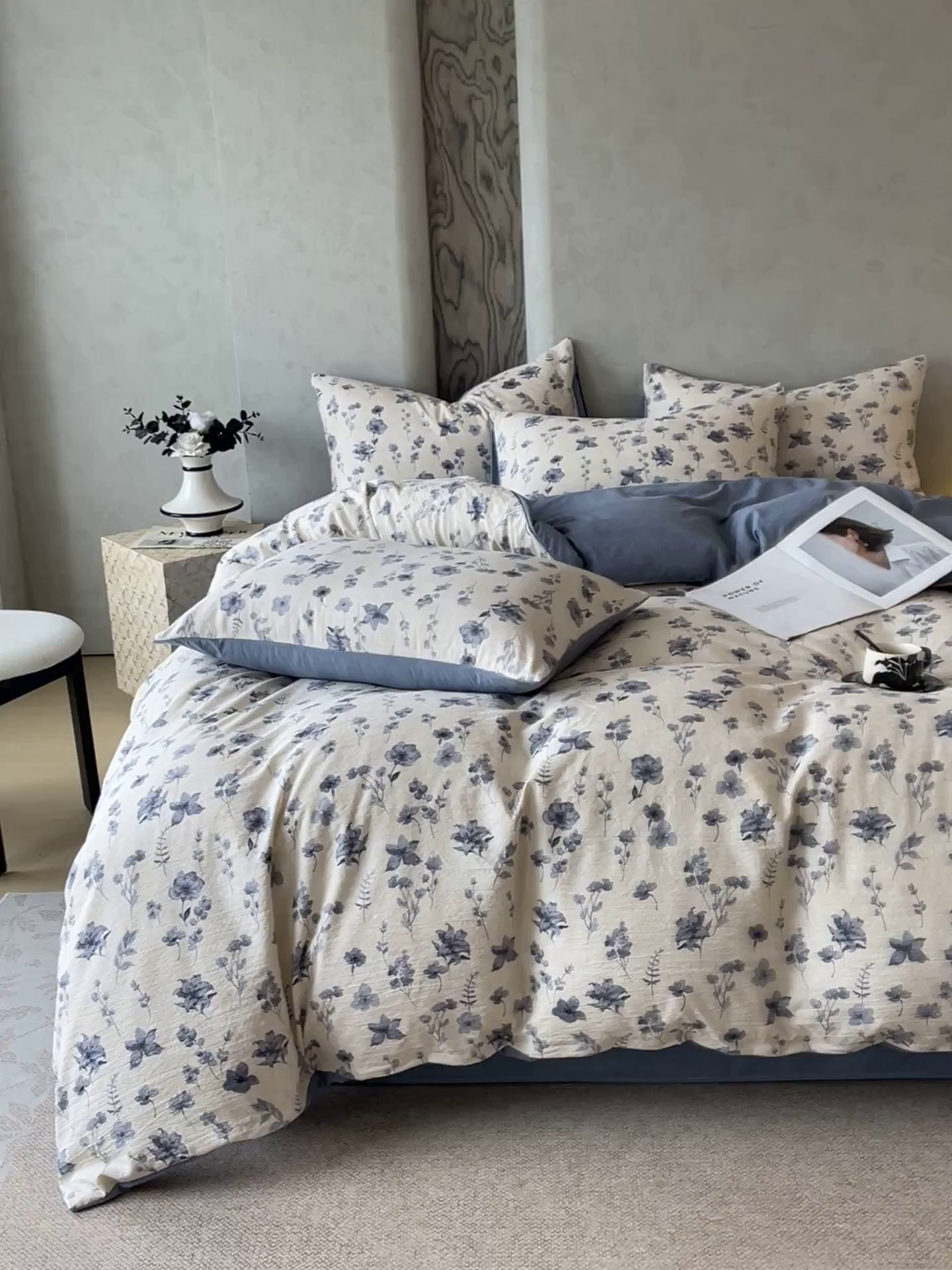 91家纺网 家纺一手货源 找家纺 宝士康家纺 2025秋冬新品高克重A类原麻暗合四件套复古加厚双层纱仿亚麻套件 蓝絮