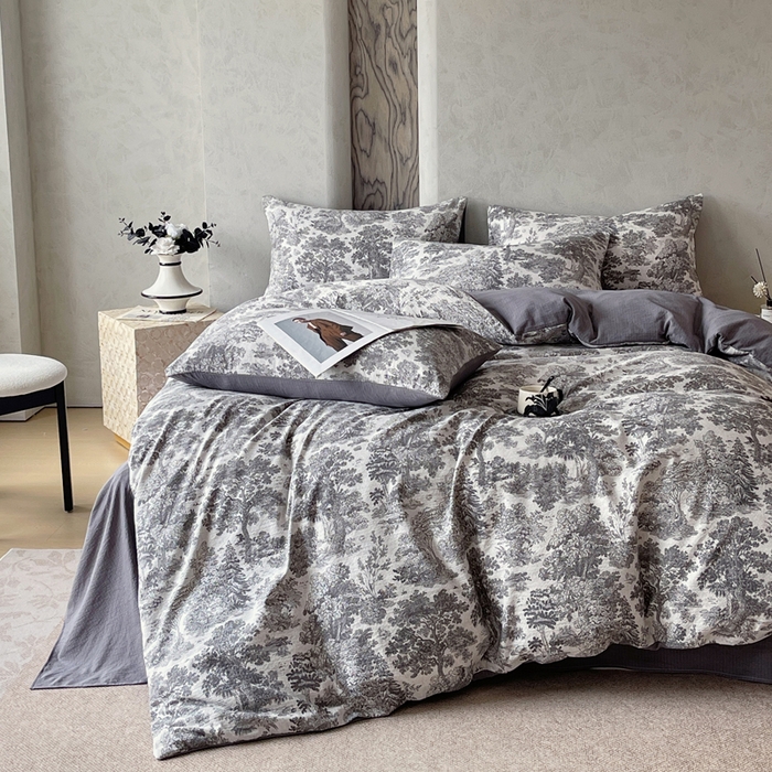 91家纺网 家纺一手货源 找家纺 宝士康家纺 2025秋冬新品高克重A类原麻暗合四件套复古加厚双层纱仿亚麻套件 谧境