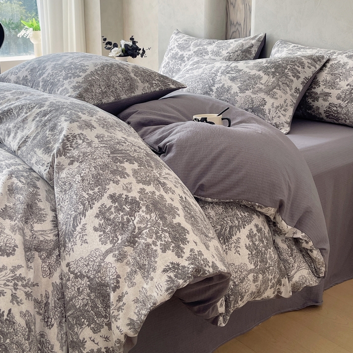 91家纺网 家纺一手货源 找家纺 宝士康家纺 2025秋冬新品高克重A类原麻暗合四件套复古加厚双层纱仿亚麻套件 谧境