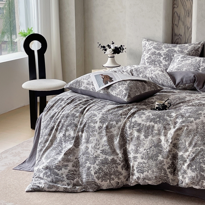 91家纺网 家纺一手货源 找家纺 宝士康家纺 2025秋冬新品高克重A类原麻暗合四件套复古加厚双层纱仿亚麻套件 谧境