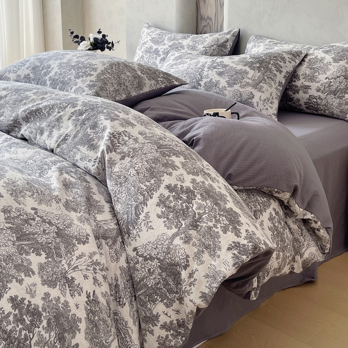 91家纺网 家纺一手货源 找家纺 宝士康家纺 2025秋冬新品高克重A类原麻暗合四件套复古加厚双层纱仿亚麻套件 谧境