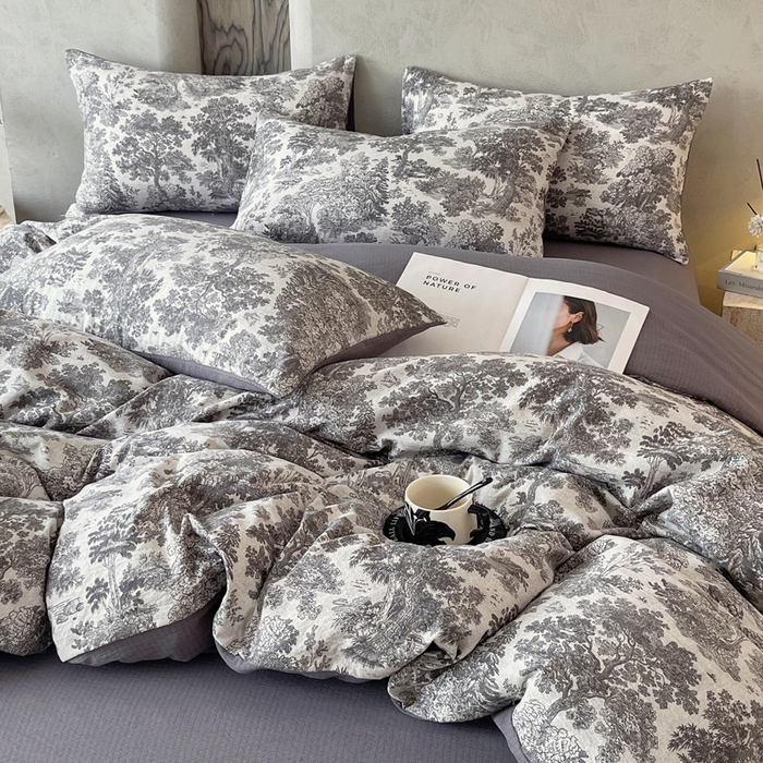 91家纺网 家纺一手货源 找家纺 宝士康家纺 2025秋冬新品高克重A类原麻暗合四件套复古加厚双层纱仿亚麻套件 谧境