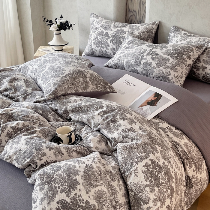 91家纺网 家纺一手货源 找家纺 宝士康家纺 2025秋冬新品高克重A类原麻暗合四件套复古加厚双层纱仿亚麻套件 谧境