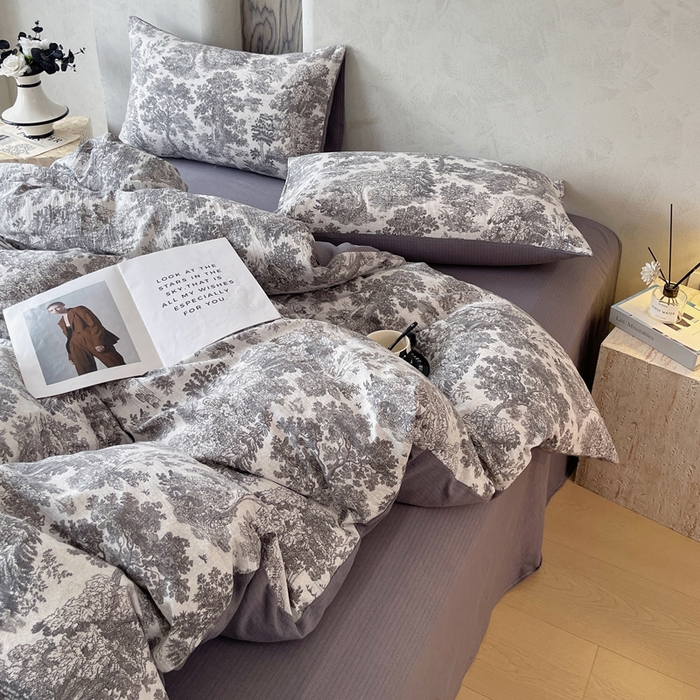 91家纺网 家纺一手货源 找家纺 宝士康家纺 2025秋冬新品高克重A类原麻暗合四件套复古加厚双层纱仿亚麻套件 谧境