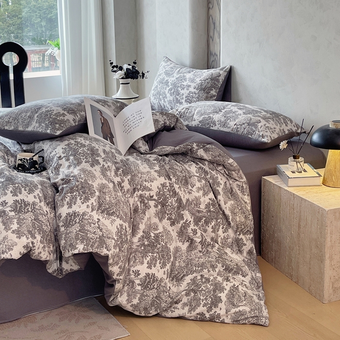 91家纺网 家纺一手货源 找家纺 宝士康家纺 2025秋冬新品高克重A类原麻暗合四件套复古加厚双层纱仿亚麻套件 谧境