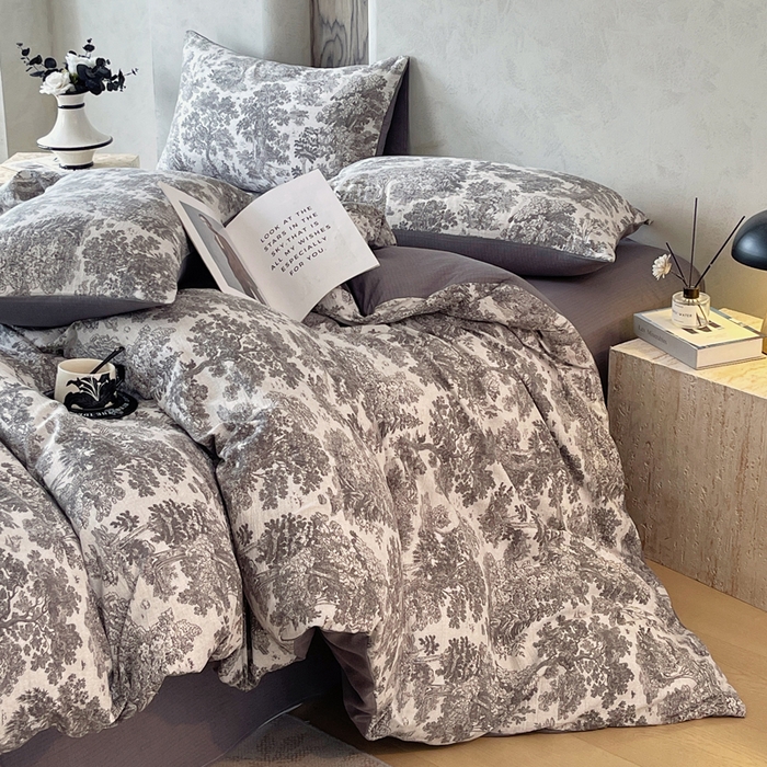 91家纺网 家纺一手货源 找家纺 宝士康家纺 2025秋冬新品高克重A类原麻暗合四件套复古加厚双层纱仿亚麻套件 谧境