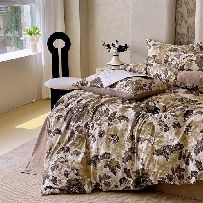 91家纺网 家纺一手货源 找家纺 宝士康家纺 2025秋冬新品高克重A类原麻暗合四件套复古加厚双层纱仿亚麻套件 墨蕊