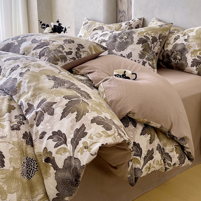 91家纺网 家纺一手货源 找家纺 宝士康家纺 2025秋冬新品高克重A类原麻暗合四件套复古加厚双层纱仿亚麻套件 墨蕊