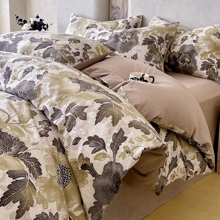 91家纺网 家纺一手货源 找家纺 宝士康家纺 2025秋冬新品高克重A类原麻暗合四件套复古加厚双层纱仿亚麻套件 墨蕊